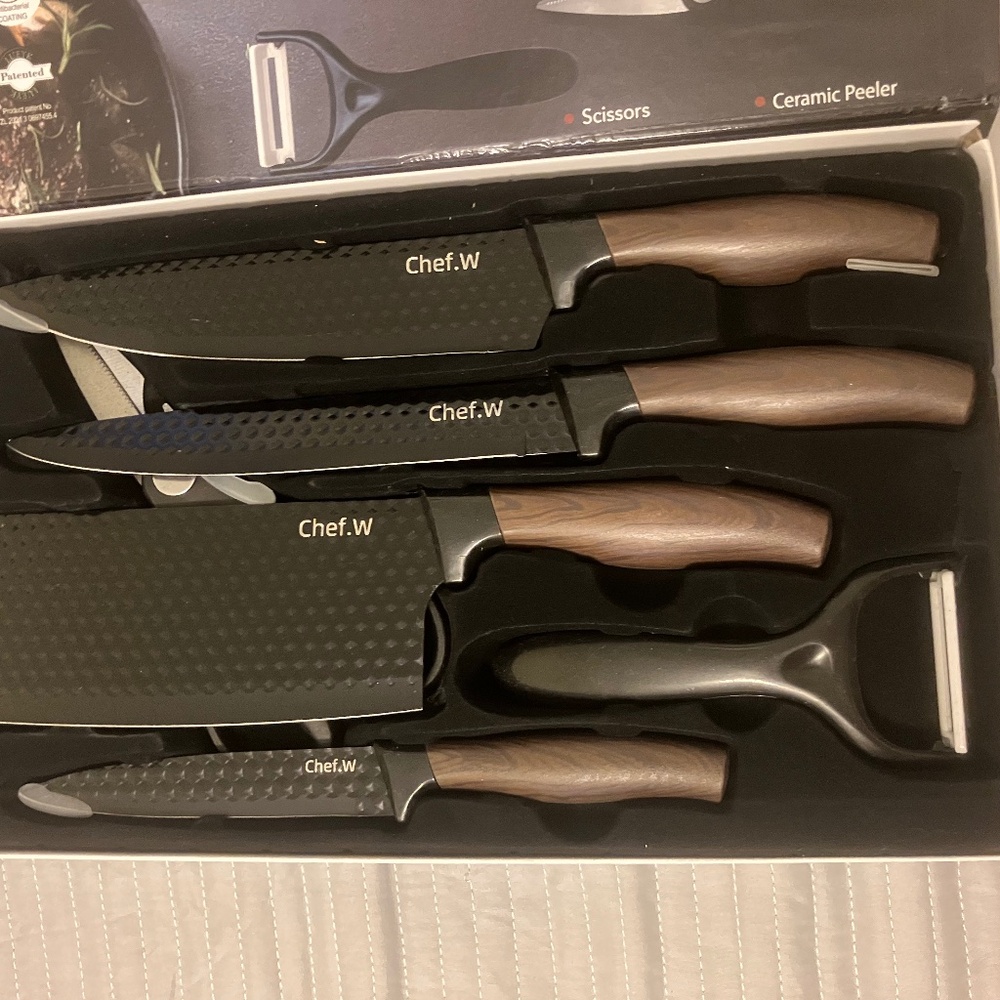 New Chef W Kitchen Knife 7", 8", 5" Brown Black Diamond Cut Blades